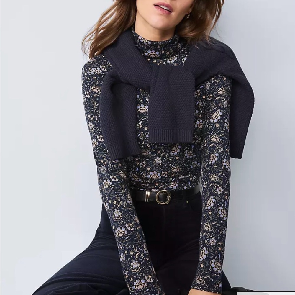 Ann Taylor Navy Floral Mock Neck Top